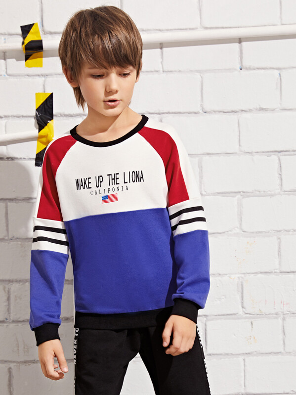 

Boys Striped Sleeve Colorblock Slogan Print Sweatshirt, Multicolor, Bogdan