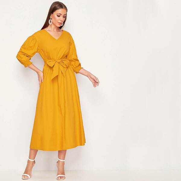 

Bishop Sleeve Shirred Cuff Belted Dress, Yellow bright