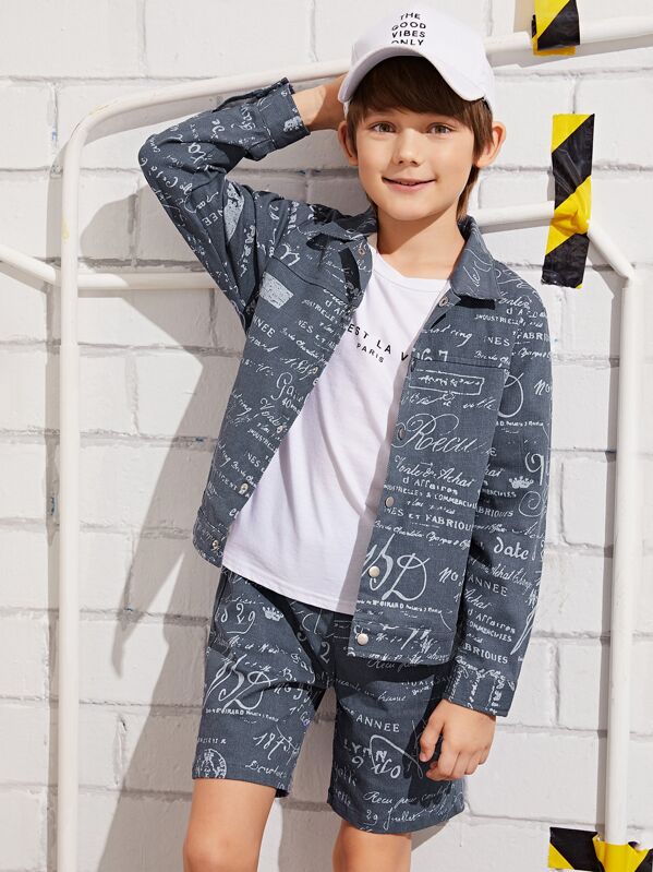 

Boys Notch Collar Slogan Print Shirt & Shorts Set, Blue, Bogdan