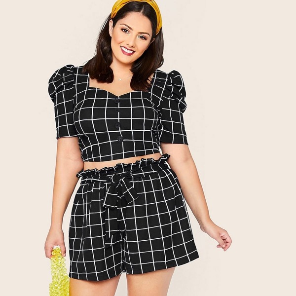 

Plus Grid Print Puff Sleeve Crop Top & Paperbag Waist Shorts Set, Black