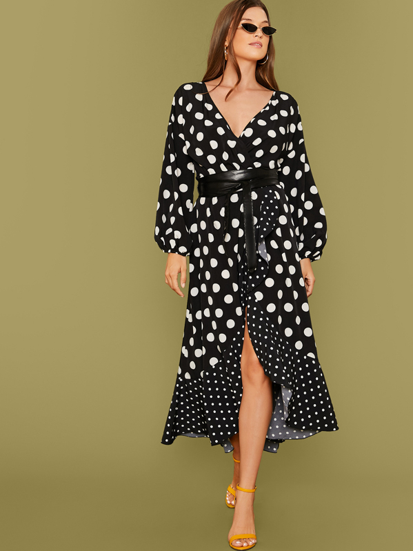 

Polka Dot Ruffle Trim Wrap Dress With PU Belt, Black, Amanda Mondale