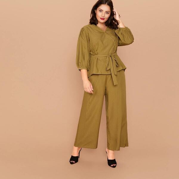 

Plus Striped Belted Top & Wide Leg Pants Set