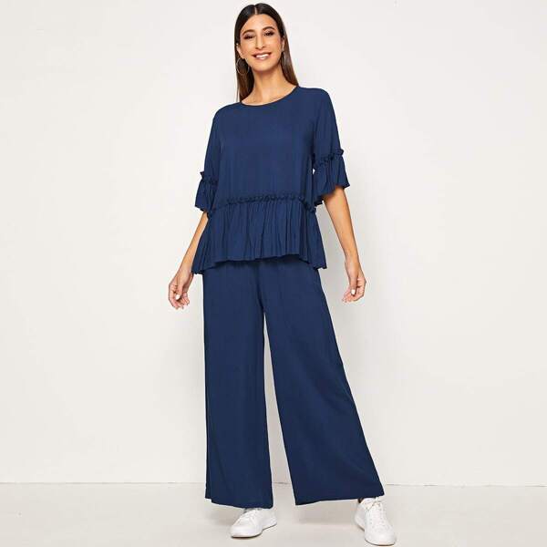 

Frill Trim Top and Slant Pocket Wide Leg Pants Set, Navy
