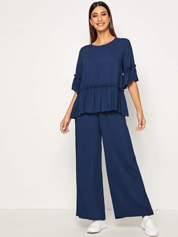 

Frill Trim Top and Slant Pocket Wide Leg Pants Set, Navy, Gabe