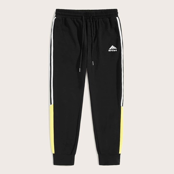 

Men Drawstring Waist Tape Side Letter Print Sweatpants, Black