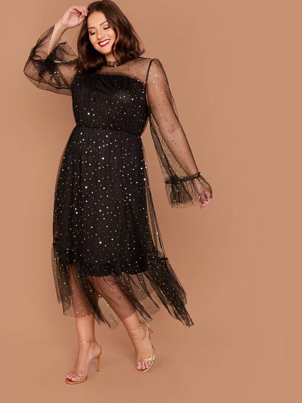 

Plus Frill Trim Star Mesh Overlay Dress, Black, Marcelle Pallais