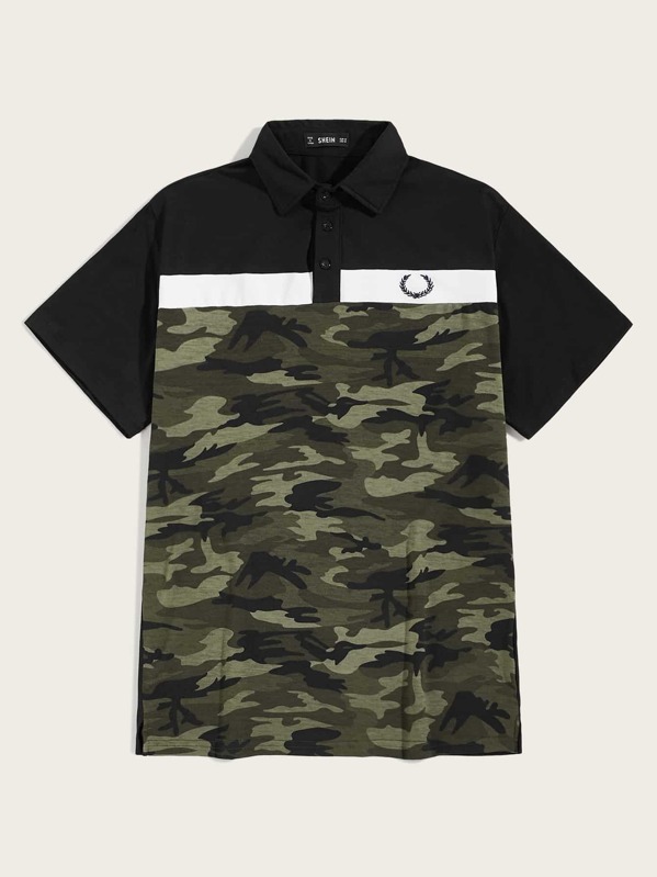 

Men Camo Print Cut-and-sew Polo Shirt, Multicolor
