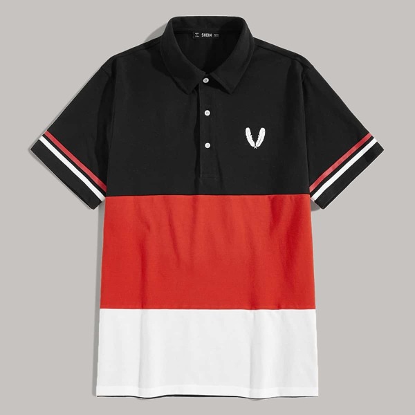

Men Feather Print Varsity Striped Sleeve Colorblock Polo Shirt