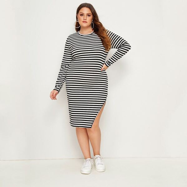 

Plus Split Thigh Striped Dress
