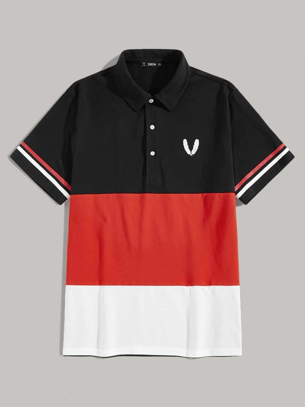 

Men Feather Print Varsity Striped Sleeve Colorblock Polo Shirt, Multicolor