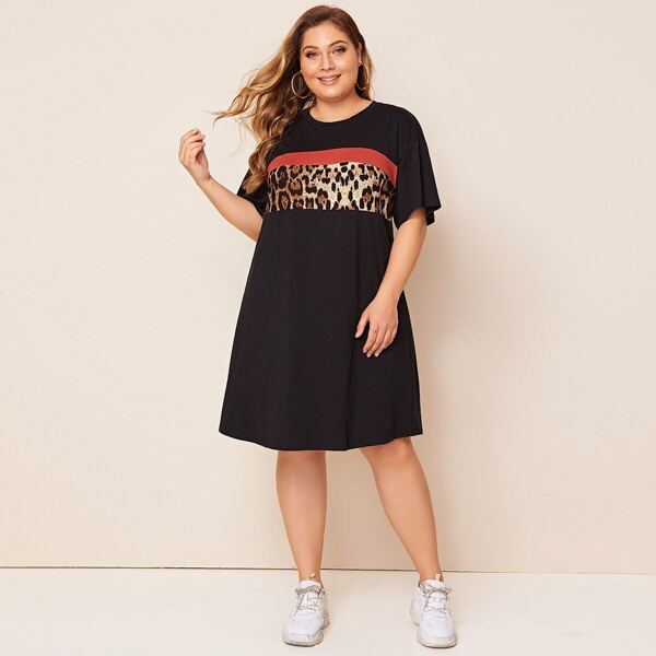 

Plus Colorblock Leopard Panel Tee Dress, Black