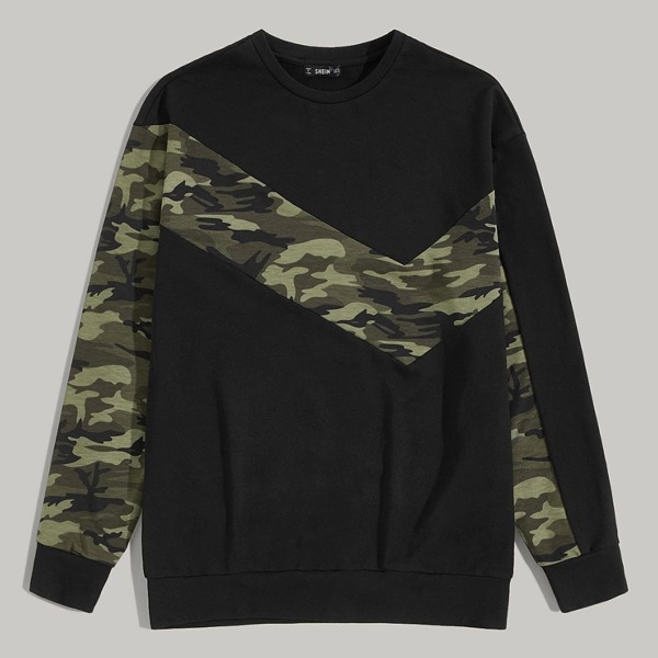 

Men Crew Neck Camo Two Tone Sweatshirt, Black