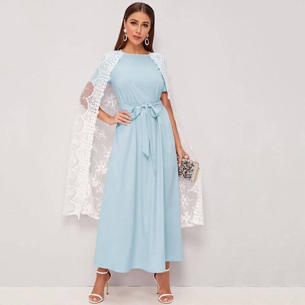 

Keyhole Back Self Belted Dress With Embroidered Mesh Cape, Blue pastel