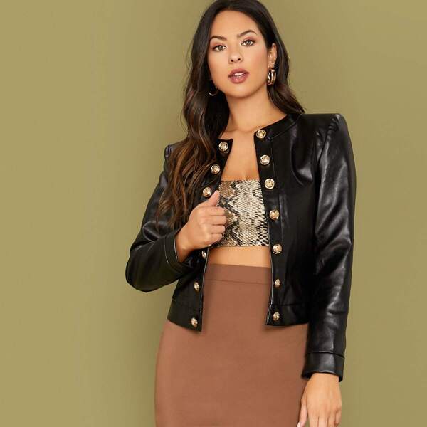 

Gold Button PU Leather Jacket, Black