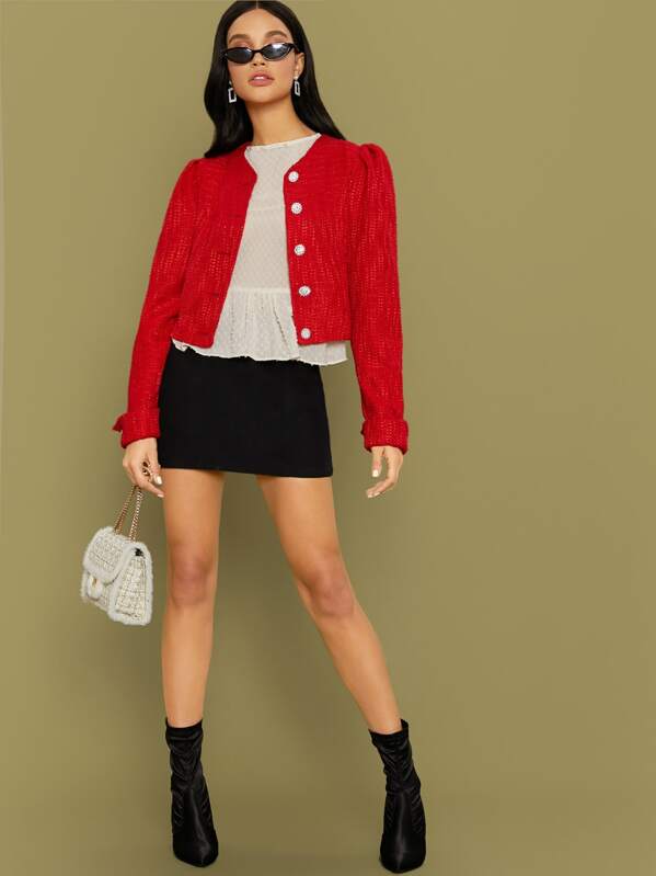 

Rolled Sleeve Rhinestone Button Tweed Jacket, Red, Juliette