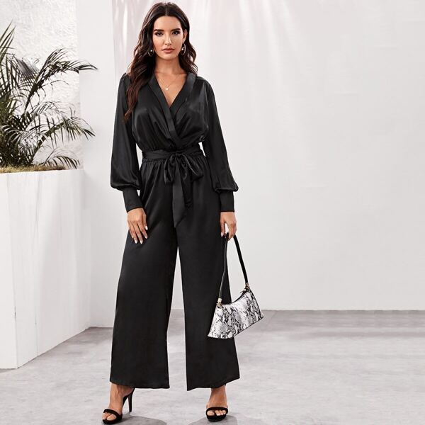 

Surplice Neck Bishop Sleeve Belted Satin Jumpsuit, Black