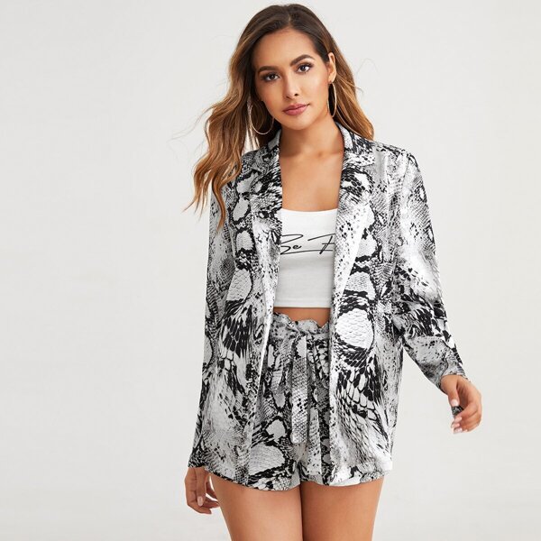 

Snakeskin Print Roll Tab Sleeve Blazer, Multicolor