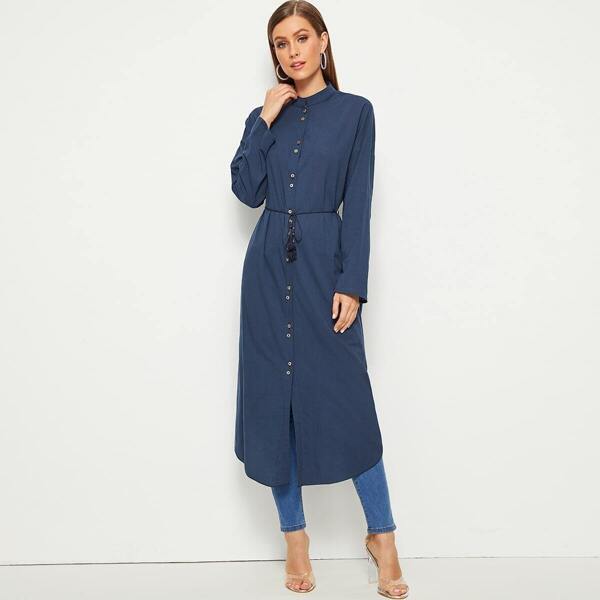 

Button Front Belted Longline Shirt, Navy