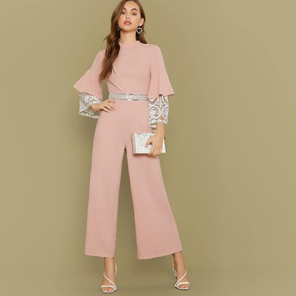 

Embroidery Mesh Cuff Sequin Tape Detail Palazzo Jumpsuit, Pink pastel
