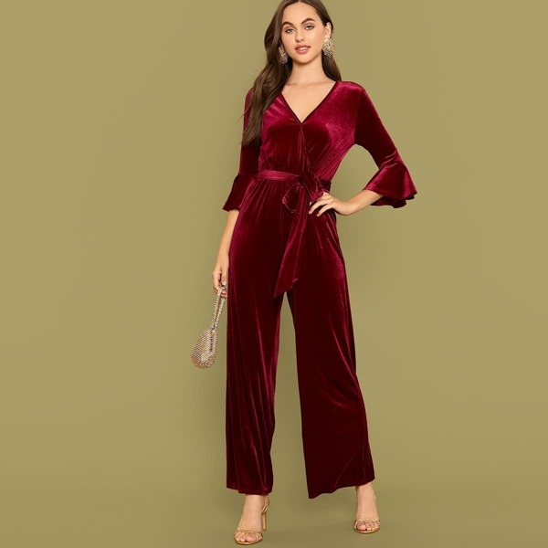 

Self Belted Flounce Sleeve Wide Leg Velvet Jumpsuit, Burgundy