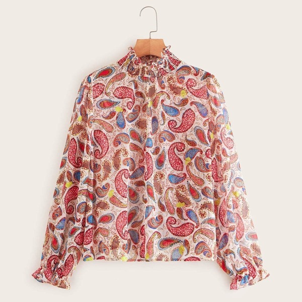 

Shirred High Neck Paisley Sheer Top Without Bra