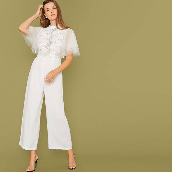 

Layered Mesh Sleeve Lace Bodice Jumpsuit Without Belt