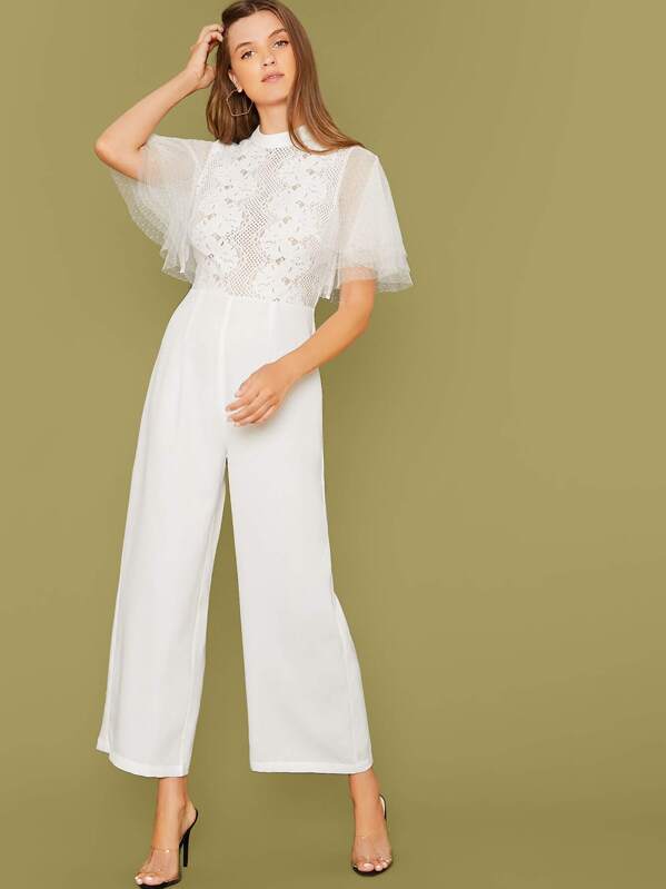 

Layered Mesh Sleeve Lace Bodice Jumpsuit Without Belt, White, Amanda Mondale