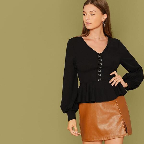 

Hook and Eye Lantern Sleeve Peplum Top