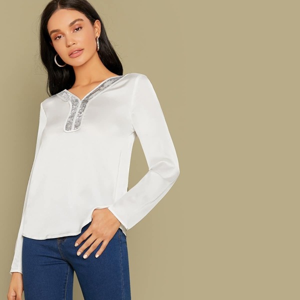 

Sequin Y-Neckline Satin Top, White