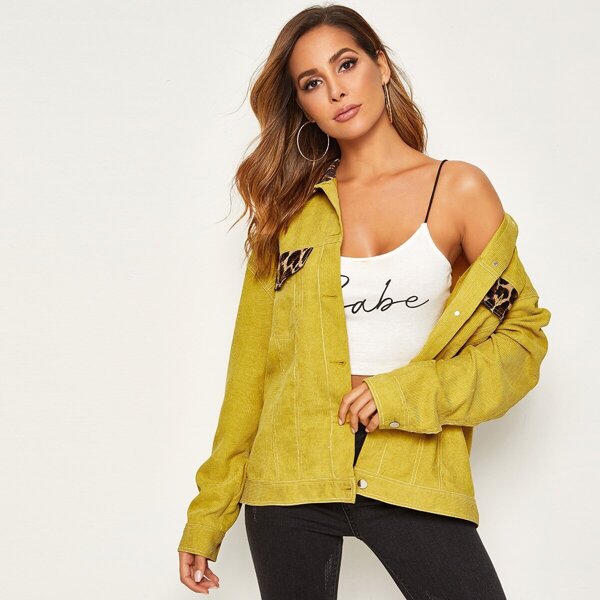 

Leopard Collar Contrast Topstitching Cord Jacket, Yellow