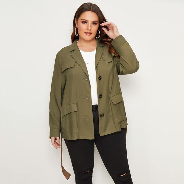 

Plus Notch Collar Flap Pocket Front Coat, Army green