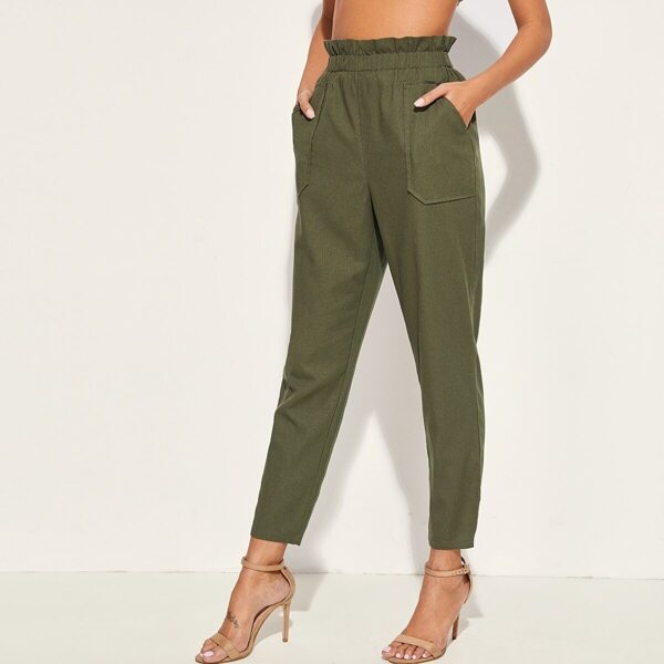 

Paperbag Waist Pocket Front Pants, Army green