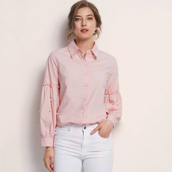 

Beaded Frill Trim Lantern Sleeve Blouse, Pink