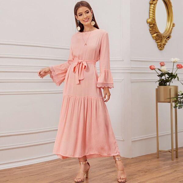 

Solid Ruffle Hem Flounce Sleeve Belted Dress, Pink