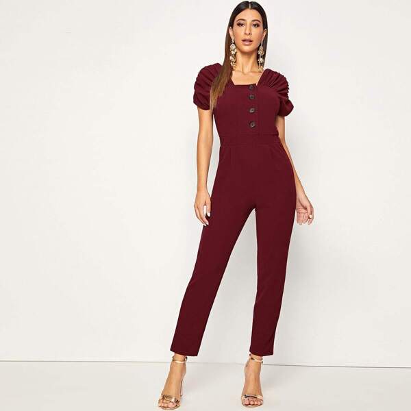 

Puff Sleeve Button Front Jumpsuit, Burgundy