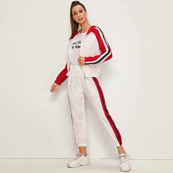 

Colorblock O-Ring Zipper Jacket & Sweatpants Set, White