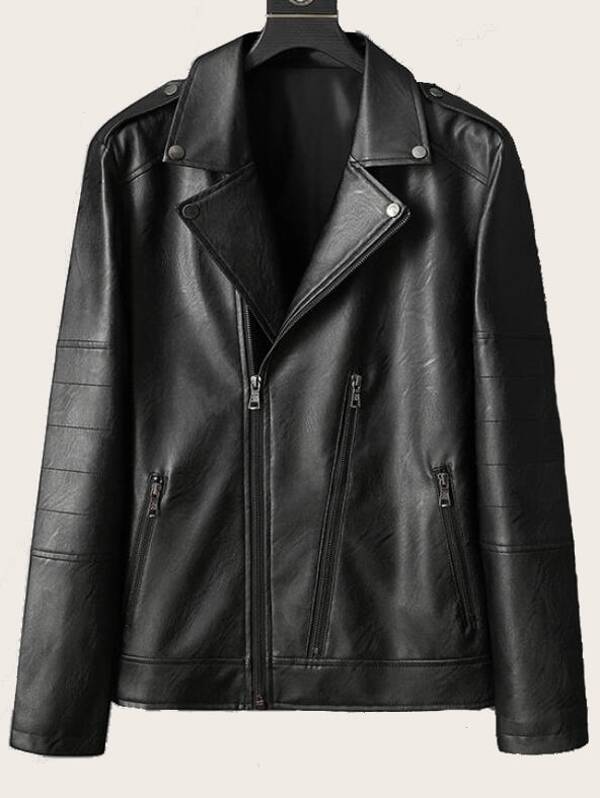

Men Lapel Neck Zip Detail PU Biker Jacket, Black