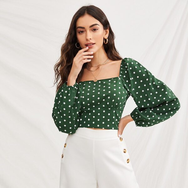 

Square Neck Polka Dot Crop Blouse, Dark green