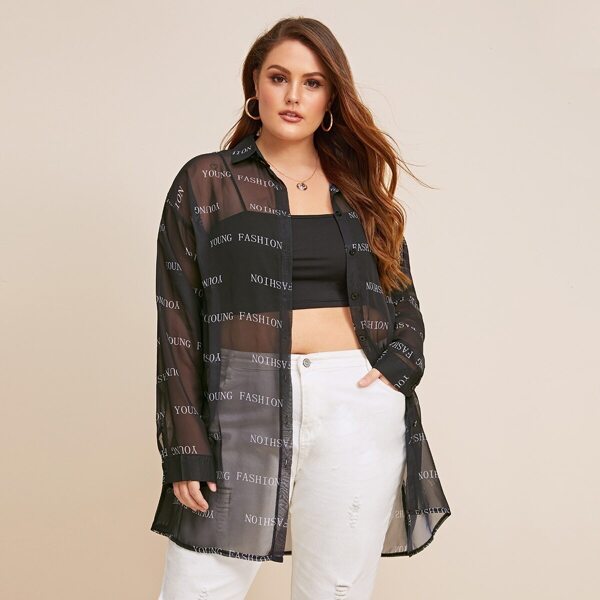 

Plus Letter Print Sheer Blouse