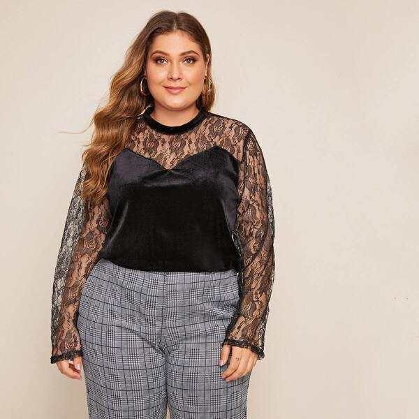

Plus Lace Panel Velvet Blouse, Black