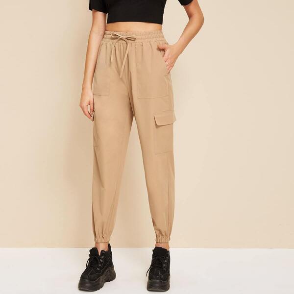 

Drawstring Waist Pocket Side Cargo Pants, Khaki