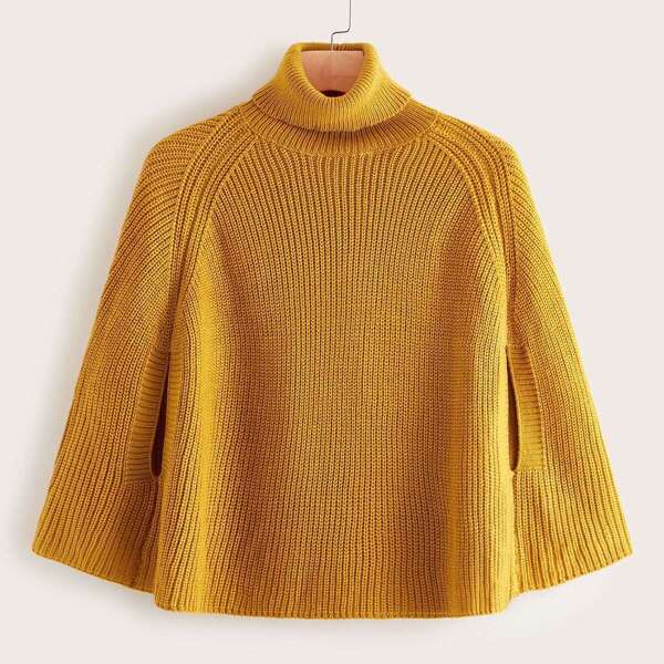 

Plus High Neck Raglan Sleeve Poncho Sweater, Yellow