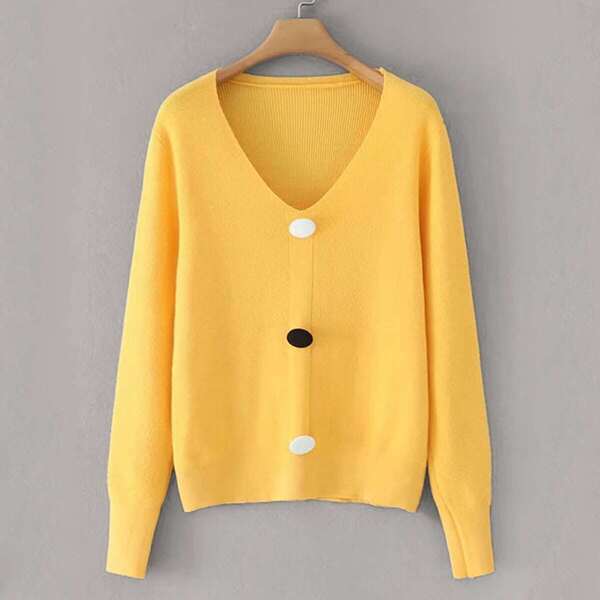 

V-neck Colorful Button Front Solid Jumper