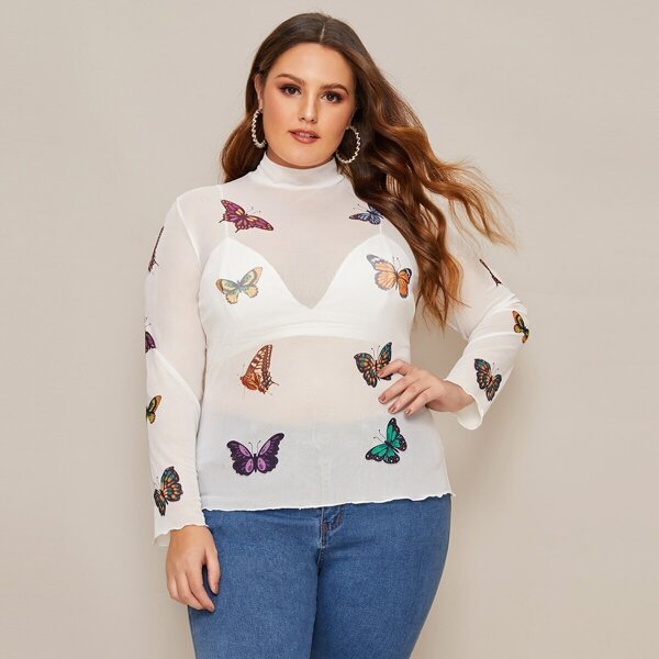 

Plus Mock Neck Butterfly Print Mesh Top, White