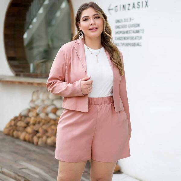 

Plus Lapel Neck Solid Blazer & Shorts, Pink