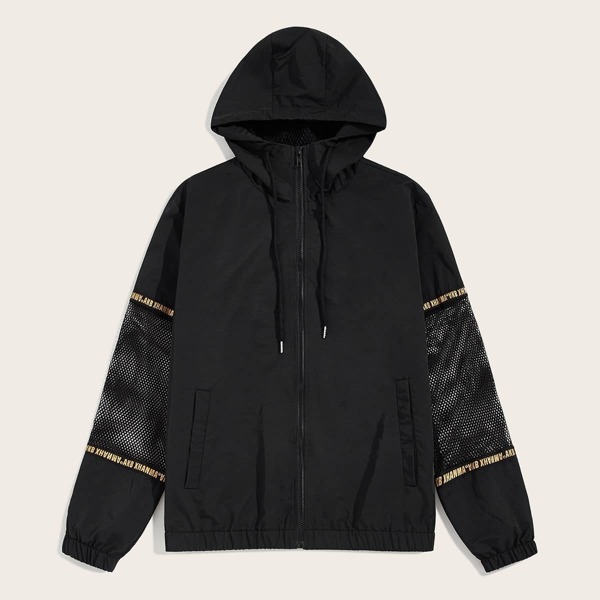 

Men Letter Tape Mesh Insert Sleeve Windbreaker Jacket, Black