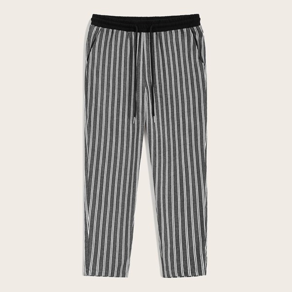 

Men Contrast Waist Slant Pocket Striped Pants, Grey