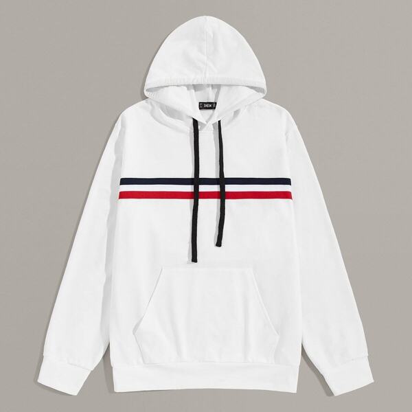 

Men Striped Tape Detail Pocket Front Hoodie, White