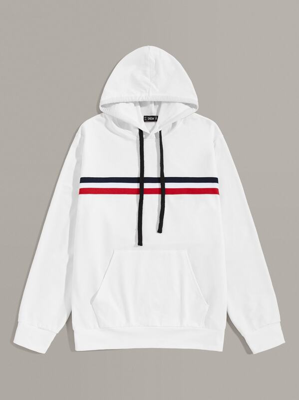 

Men Striped Tape Detail Pocket Front Hoodie, White