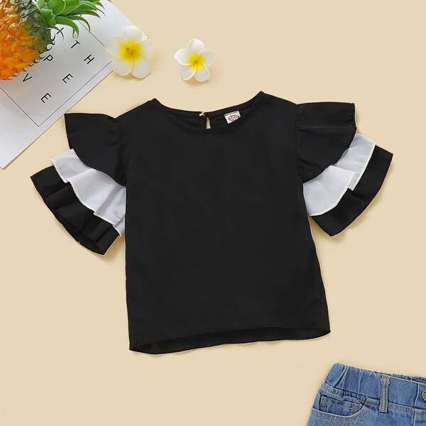 

Toddler Girls Contrast Panel Layered Sleeve Blouse, Black